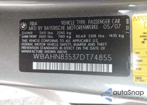 2007 BMW 750Li from USA, damaged, VIN WBAHN83537DT74855